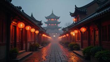An ancient Chinese city bathed in the glow of red lanterns amidst a mystical foggy twilight photo