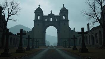 A postapocalyptic scene featuring a frightening courtyard surrounded by an ancient ruin cemetery with lot trees and a looming helllike landscape photo