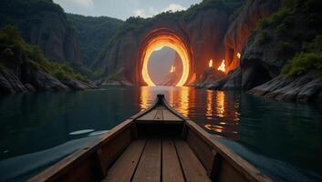 A wooden raft nears a fiery gateway amidst surreal waters photo