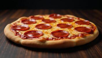 A digitally crafted image showcases a slice of pepperoni pizza with gooey cheese on a darktextured background photo