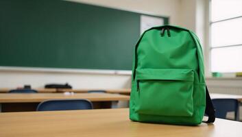 A green backpack signifies readiness and a fresh start against a blurry classroom backdrop BacktoSchool photo