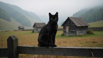 A hauntingly peaceful illustration features a black cat perched atop a rustic fence in an abandoned countryside village shrouded by early morning fog photo