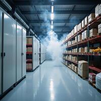 Cold storage area featuring mist and fog for visualizing temperatureregulated supply chains photo