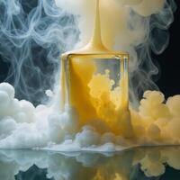 In an abstract art style a blurred mist cloud paints the flow of water over a glossy cube creating a mysterious scene with swirling whiteyellow fumes and splashes against a geometric backdrop photo