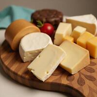 Varied cheeses displayed on a patterned platter with slices and cubes photo