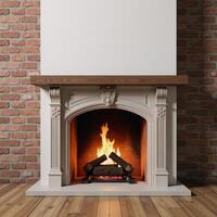 A 3Drendered scene featuring a large traditional fireplace with a roaring fire and an empty mantelpiece with a mockup shelf photo