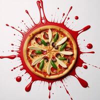 Explosion of fresh pizza with multiple toppings pepperoni mushrooms peppers against a minimalistic red background in splatter paint style photo