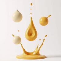 Highdefinition 3D render of isolated cheese splatters on pristine white backdrop photo