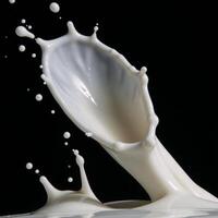 Highspeed image of dynamic milk splash against black backdrop representing dairy concept through dynamic motion and texture photo