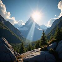 A 3D rendered painting showcases a mountain range with trees clouds and a sunbeam photo