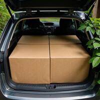 Packed car trunk filled with cardboard boxes amidst nature photo
