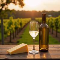 Outdoor scene Sunlit vineyard backdrop with glass white wine cheese and wood table for an al fresco setting at twilight Copy Space photo