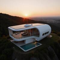 A sleek minimalist and luxurious ecohome sits on a hill at dusk under the warm glow of golden hour adorned with modern architecture sustainable design elements like photovoltaic solar panels and photo