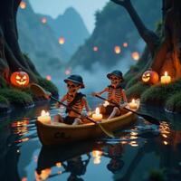Two adventurous skeletons go kayaking under candlelight creating a fusion of whimsy and intrigue photo