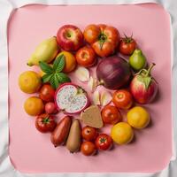 Arrangement of assorted produce in a circular pattern against a dualtone backdrop pink white photo