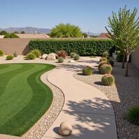 Design for a backyard with hardscape features including a stone pathway river gravel and an arrangement of cacti and succulent plants photo