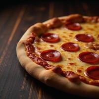 A digitally crafted image showcases a slice of pepperoni pizza with gooey cheese on a darktextured background photo