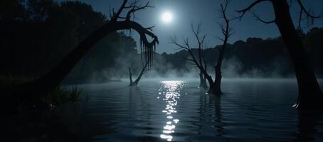 Spectral moonlit swamp with wispdancing fog dark waters twisted trees casting eerie shadows under the full moons glow photo