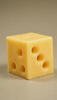 A digital illustration portraying a photorealistic cube made entirely out of Swiss cheese highlighting its characteristic holes photo