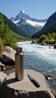 A mountainous landscape features a summertime hike with a knapsack and knife at rest near a river suggesting a hikers camp photo