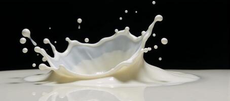 Highspeed image of dynamic milk splash against black backdrop representing dairy concept through dynamic motion and texture photo
