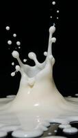 Highspeed image of dynamic milk splash against black backdrop representing dairy concept through dynamic motion and texture photo