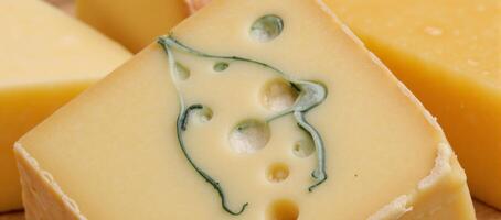 Showcasing various realistic cheese textures Swiss with its characteristic holes Blue with visible crumbling and the smooth surface of Gruyre photo