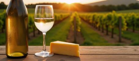 Outdoor scene Sunlit vineyard backdrop with glass white wine cheese and wood table for an al fresco setting at twilight Copy Space photo