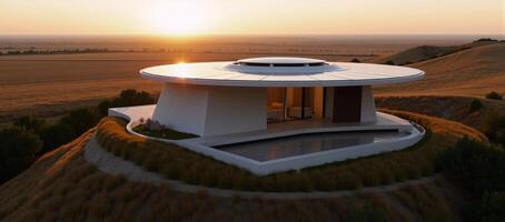 A sleek minimalist and luxurious ecohome sits on a hill at dusk under the warm glow of golden hour adorned with modern architecture sustainable design elements like photovoltaic solar panels and photo