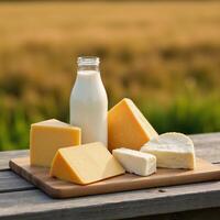 Dairy products displayed on a rustic wood table amidst a farms rolling fields photo