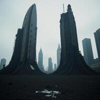 Closeup view of futuristic towers collapsing in an abandoned dark urban skyline emphasizing the double exposure silhouette and signs of abandonment photo
