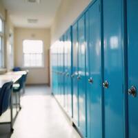 Sunlit school hall with organized blue lockers portraying calmness and organization in an academic setting Clean Serene Style photo