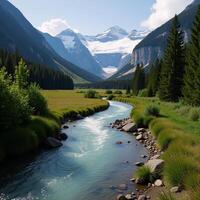 Peaceful mountainous scene featuring a flowing river photo
