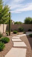Design for a backyard with hardscape features including a stone pathway river gravel and an arrangement of cacti and succulent plants photo