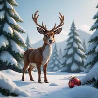A 3D illustrated Christmas scene showcasing reindeer in a wintry forest photo