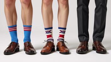 Three individuals don colorful sock pairs with matching brown footwear photo