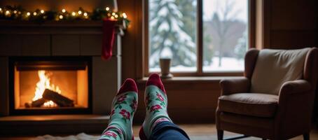 Warm winter setting Fluffy socks by a cozy Christmaslit fireplace next to a sparkling tree photo