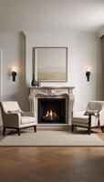 A stylish luminous 3Drendered living room scene showcases a cozy setting featuring a fireplace two armchairs and an image on the wall photo