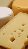 Showcasing various realistic cheese textures Swiss with its characteristic holes Blue with visible crumbling and the smooth surface of Gruyre photo