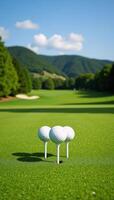 Stylized image featuring peaceful golf course landscape with undulating greens and towering trees photo