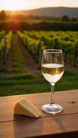 Outdoor scene Sunlit vineyard backdrop with glass white wine cheese and wood table for an al fresco setting at twilight Copy Space photo
