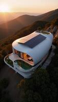 A sleek minimalist and luxurious ecohome sits on a hill at dusk under the warm glow of golden hour adorned with modern architecture sustainable design elements like photovoltaic solar panels and photo