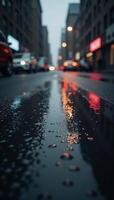 Moody urban nightscape Rainslicked empty streets with reflectionflecked wet asphalt and atmospheric fog against the backdrop of blurred city lights photo