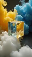 In an abstract art style a blurred mist cloud paints the flow of water over a glossy cube creating a mysterious scene with swirling whiteyellow fumes and splashes against a geometric backdrop photo
