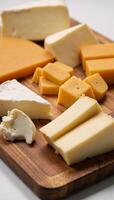 Varied cheeses displayed on a patterned platter with slices and cubes photo