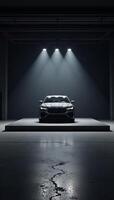 3D rendering depicting a moody dimly lit garage setting with a car in the background and an empty stagelike feel using concrete textures and highlighted by a spotlight Garage interior Car backdrop photo