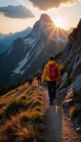 Mountain hiking trip with friends on an adventurous journey during summer twilight photo