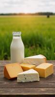 Dairy products displayed on a rustic wood table amidst a farms rolling fields photo