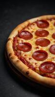A digitally crafted image showcases a slice of pepperoni pizza with gooey cheese on a darktextured background photo