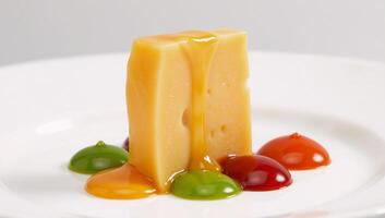 Isolated image featuring a melted cheese slice with a dripping swirl of sauce on background Cheesy goodness photo